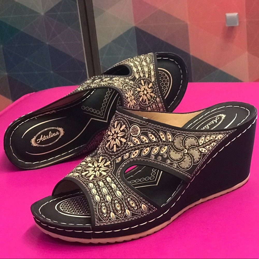 Last Pair! Italina Tan Brown Floral Embroidered Peep Toe Wedge Mule Sandals - Picture 8 of 15